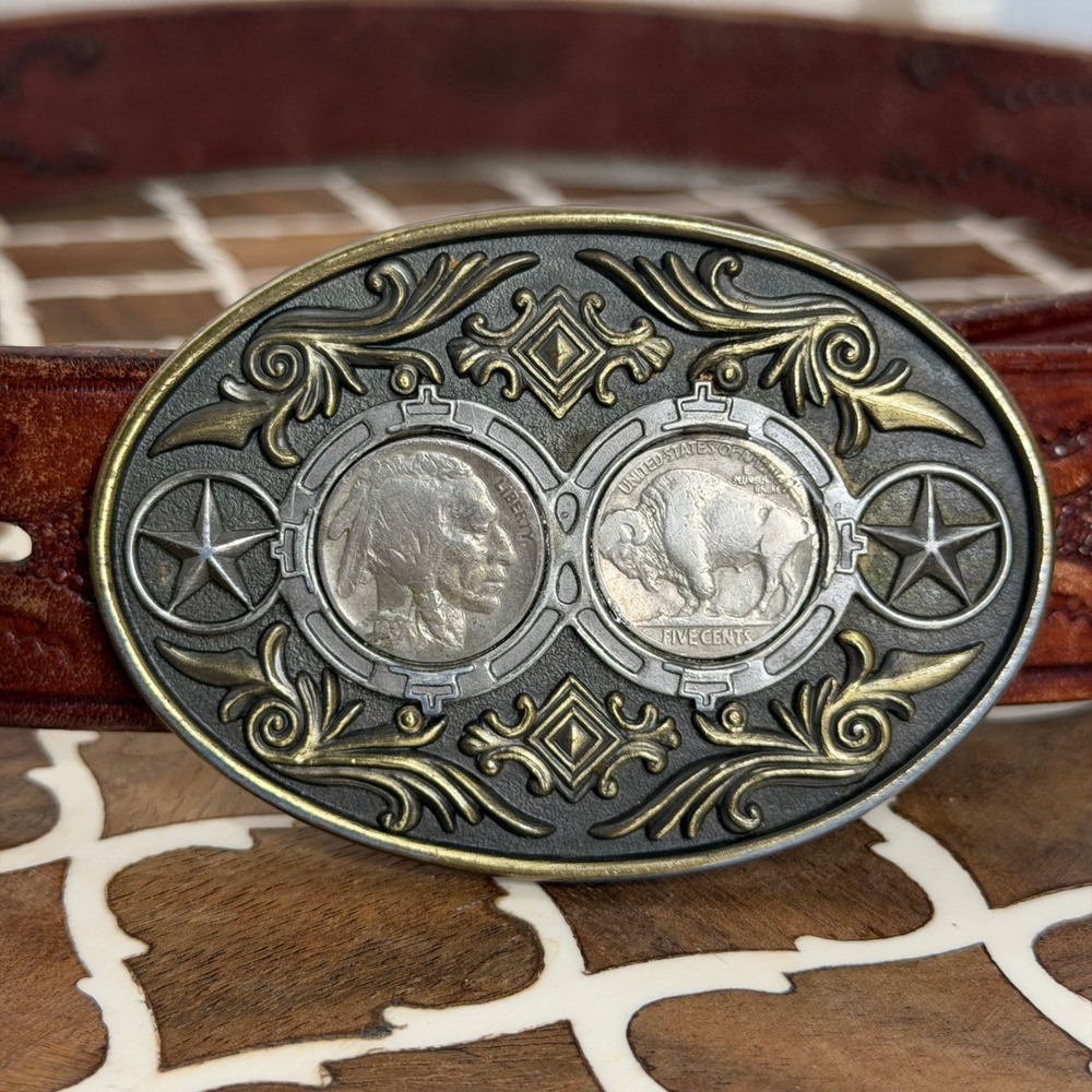 Vintage Leather Belt Buffalo Nickel Buckle Tooled Leaf Woven Brown Mens Size 34